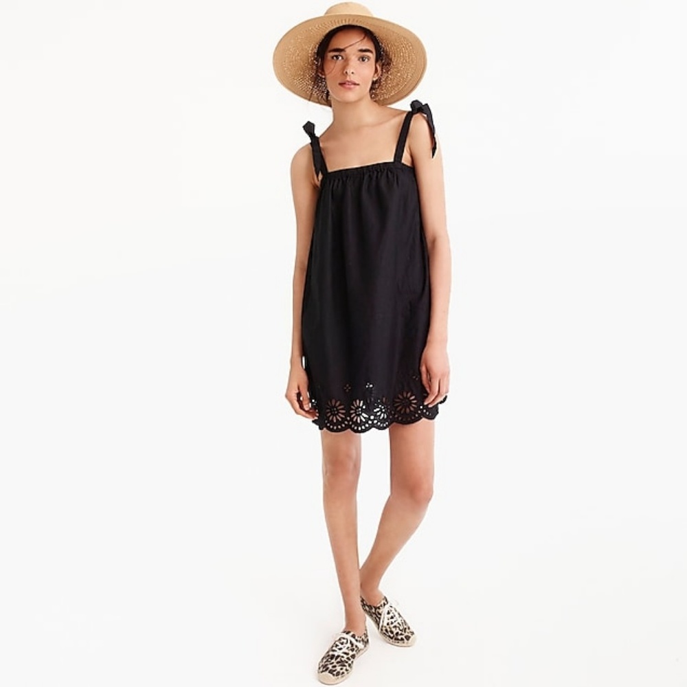JCrew Linen Tie Shoulder Dress with Embroidery
